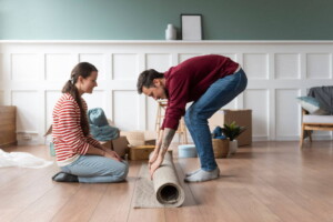 Una pareja escogiendo su alfombra de AO Mobiliario para decorar su hogar.